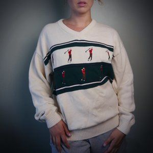VINTAGE Cream and Green Golfer Sweater  | Size XL
